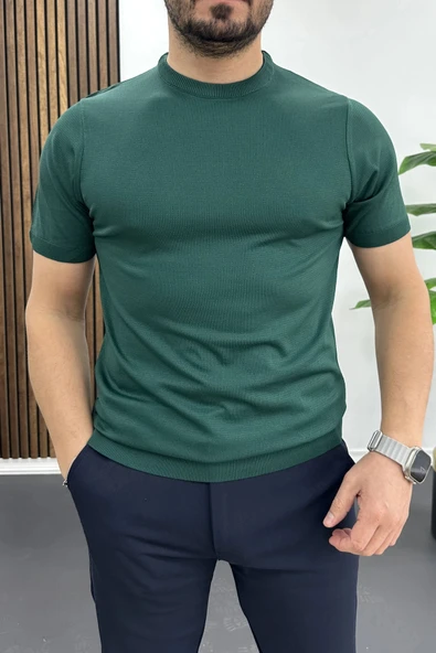 Erkek Düz Desen Bisiklet Yaka Tişört Yeşil Edw459 ürün görseli 1