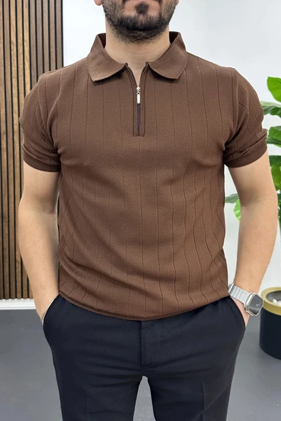 Erkek Nokta Desenli Polo Yaka Tişört Kahverengi Edw462 ürün görseli 1