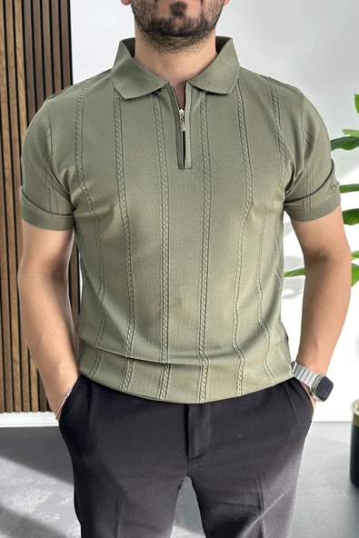 Erkek Desenli Polo Yaka Tişört Açık Yeşil Edw457 ürün görseli 1