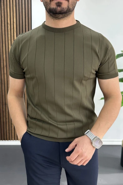 Erkek Bisiklet Yaka Çizgili Tişört Haki Edw456 ürün görseli 1