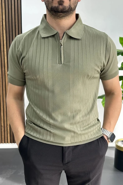 Erkek Çizgi Desenli Polo Yaka Açık Yeşil Edw458 ürün görseli 1