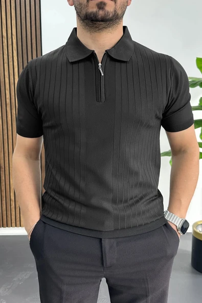 Erkek Çizgi Desenli Polo Yaka Siyah Edw458 ürün görseli 1