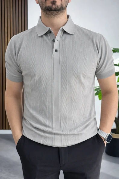 Erkek Desenli Polo Yaka Tişört Gri Edw460 ürün görseli 1