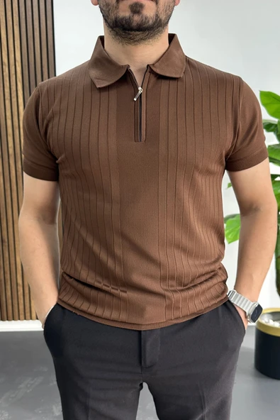 Erkek Çizgi Desenli Polo Yaka Kahverengi Edw458 ürün görseli 1