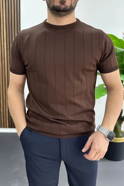 Erkek Bisiklet Yaka Çizgili Tişört Kahverengi Edw456 ürün görseli 1