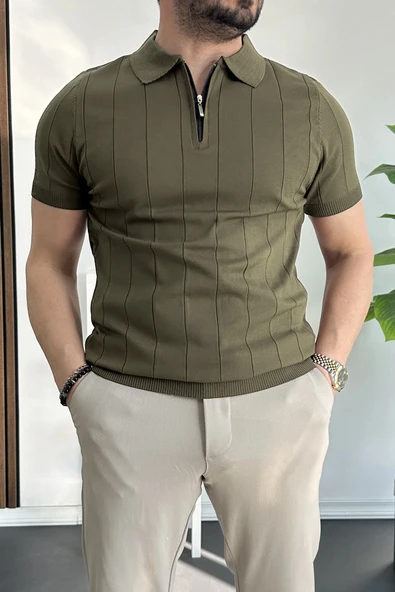 Erkek Slim Fit Fermuarlı Polo Yaka Tişört Haki Edw452 ürün görseli 1