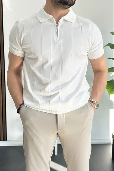 Erkek Slim Fit Fermuarlı Polo Yaka Tişört Beyaz Edw452 ürün görseli 1