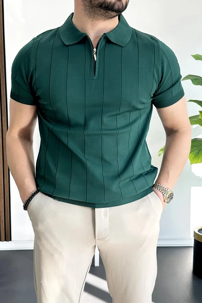 Erkek Slim Fit Fermuarlı Polo Yaka Tişört Yeşil Edw452 ürün görseli 1