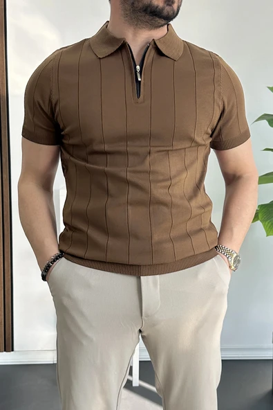 Erkek Slim Fit Fermuarlı Polo Yaka Tişört Açık Kahve Edw452 ürün görseli 1