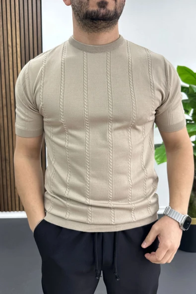 Erkek Bisiklet Yaka Desenli Tişört Vizon Edw454 ürün görseli 1