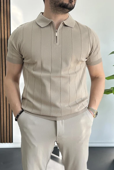 Erkek Slim Fit Fermuarlı Polo Yaka Tişört Vizon Edw452 ürün görseli 1