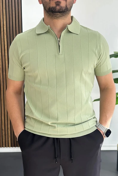 Erkek Slim Fit Fermuarlı Polo Yaka Tişört Açık Yeşil Edw452 ürün görseli 1