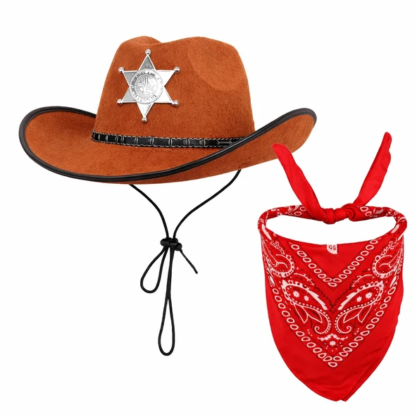 Çocuk Kovboy Şapka Rozetli Kahverengi & Kırmızı Bandana Fular ürün görseli 1