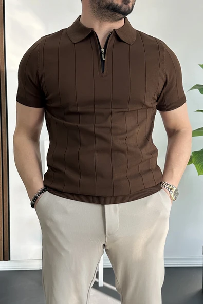 Erkek Slim Fit Fermuarlı Polo Yaka Tişört Kahverengi Edw452 ürün görseli 1