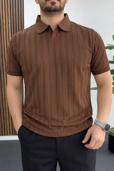 Erkek Açık Yaka Desenli Tişört Kahverengi Edw453 ürün görseli 1