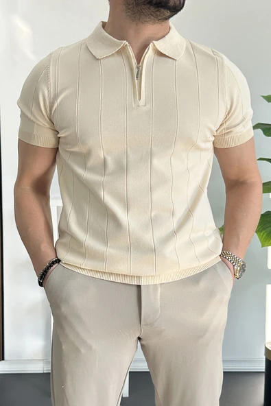 Erkek Slim Fit Fermuarlı Polo Yaka Tişört Krem Edw452 ürün görseli 1