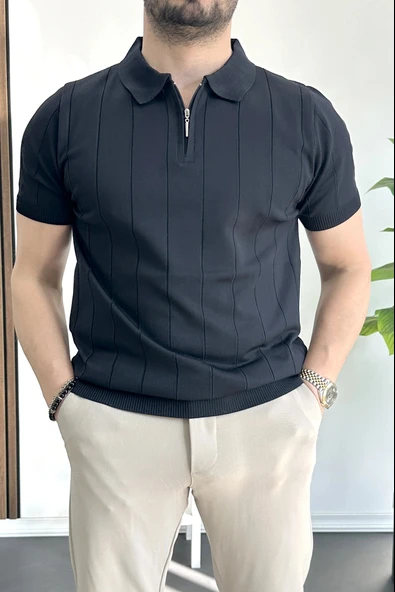 Erkek Slim Fit Fermuarlı Polo Yaka Tişört Lacivert Edw452 ürün görseli 1