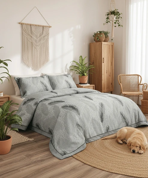 Elsa   3 Parça Gri Çiçekli Pike Takımı  240 X 260 cm ürün görseli 1