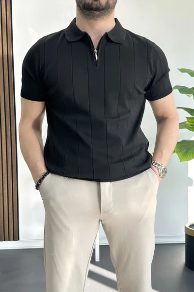 Erkek Slim Fit Fermuarlı Polo Yaka Tişört Siyah Edw452 ürün görseli 1