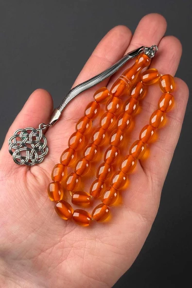 Fıçı Bal Rengi Metal Kazazlı Sıkma Kehribar Tesbih ürün görseli 1