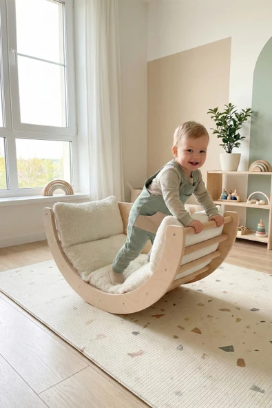 Pikler Ahşap Montessori Motor Gelişim Halkası, Çok Fonksiyonlu Eğitim Oyuncağı Krem Minderli ürün görseli 1