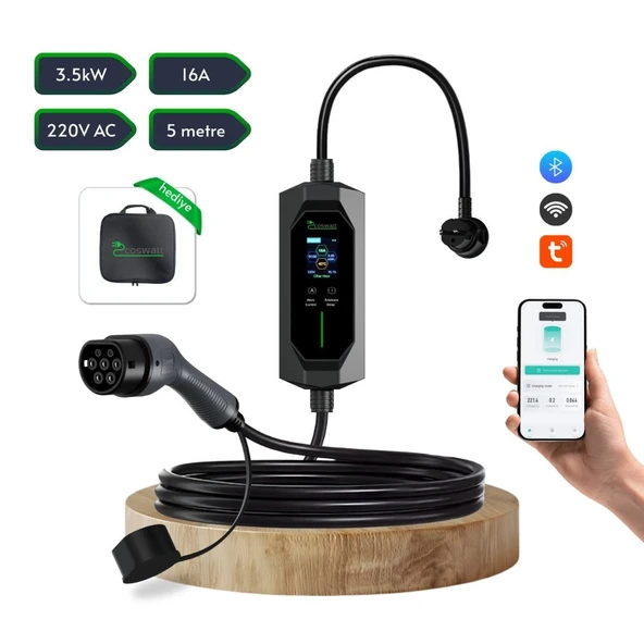 Taşınabilir Şarj Cihazı 3.5 kW / 16A / Tip-2 / Ev Tipi Schuko Fiş / 5m Kablolu / 220V AC / Taşıma Çantası Hediyeli ürün görseli 1