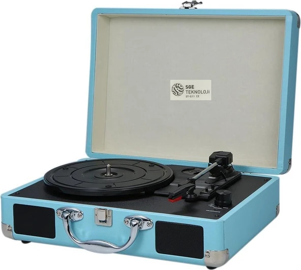 SGE TEKNOLOJİ MAVİ RENK NOSTALJİK ŞARJLI BLUETOOTH HOPARLÖRLÜ ÇANTALI PİKAP PLAK ÇALAR ürün görseli 1