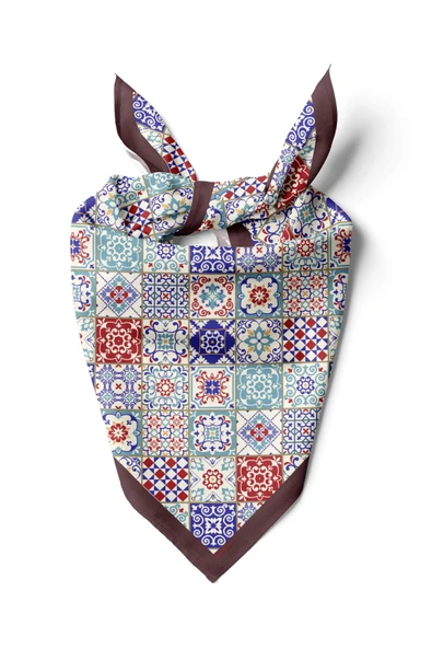 C49 Kadın Mavi Mini Çini Desenli 50x50 Bandana HYL DG0703-22 ürün görseli 1