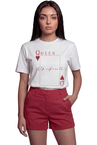 ''Queen of Hearts'' İskambil Temalı Baskılı %100 Pamuk Rahat Kesim Premium Kadın Tişört ürün görseli 1