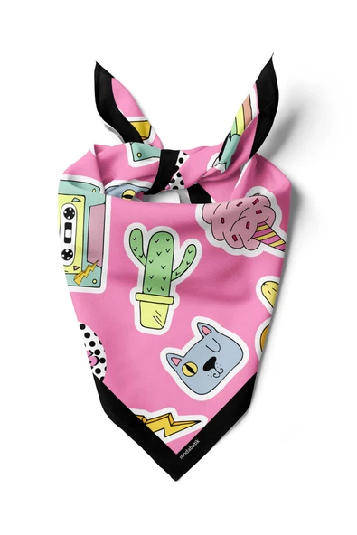 B75 Kadın Seda Desenli Bandana 50x50 Pembe DG0361-22 Snz ürün görseli 1