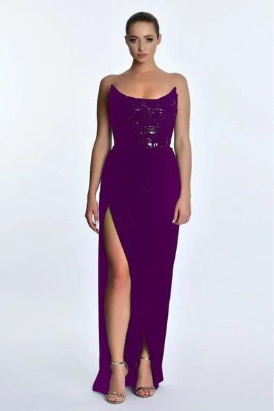 Alfa Beta Straplez Pul Detaylı Derin Yırtmaçlı Maxi Boy Kadın Abiye 2125793 ürün görseli 1