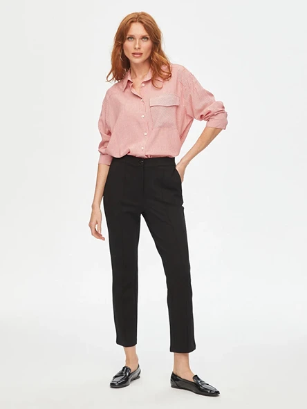 Faik Sönmez Kadın Önü Dikişli Slim Fit Örme Siyah Pantolon B00089 ürün görseli 1