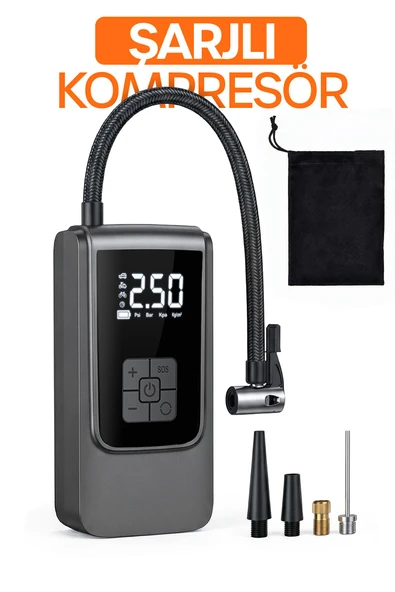 Dijital Ekranlı Şarjlı Araç Hava Kompresörü LEDli Powerbank Lastik Top Yatak Şişirme Pompası 150psi ürün görseli 1