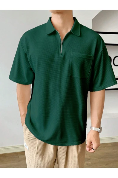 Erkek Oversize Polo Yaka Waffle T-Shirt  POLOYAKA-FERMUARLI ürün görseli 1