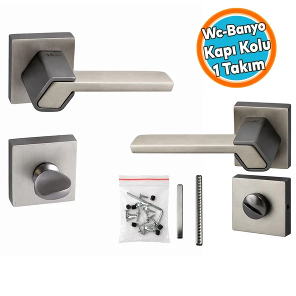 Kare Rozetli Modern Banyo-Wc Kapı Kolu Sağa ve Sola Uygun Antrasit Saten (1 Takım-Çift) ürün görseli 1