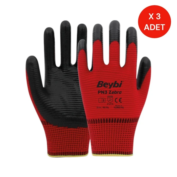 Beybi PN3 Kırmızı Siyah Nitril Eldiven XL (10 Numara) 3’lü Paket – Kaymaz İş Eldiveni ürün görseli 1