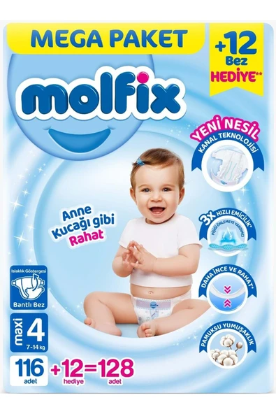 Molfix Bebek Bezi Beden:4 (7-14KG) Maxi 128 Adet Mega Pk ürün görseli 1