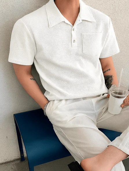 Erkek Oversize Polo Yaka  Waffle T-Shirt  POLOYAKA-DÜĞMELİ ürün görseli 1