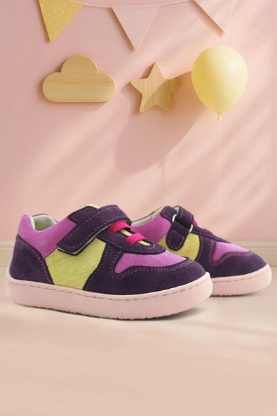 Rakerplus Bob Hakiki Deri Mor Pembe Barefoot Cırtlı Lastikli Bebek Sneaker Ayakkabı ürün görseli 1
