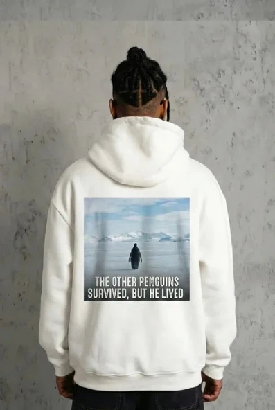 Siyah Oversize Hoodie - Sırt Baskılı Survivor Penguin Temalı, Felsefi Yazılı Kapüşonlu Sweatshirt - Beyaz ürün görseli 1