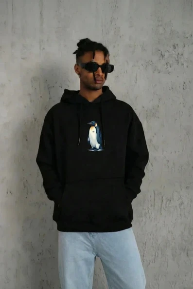 Siyah Oversize Hoodie - Sırt Baskılı Survivor Penguin Temalı, Felsefi Yazılı Kapüşonlu Sweatshirt - Siyah ürün görseli 1