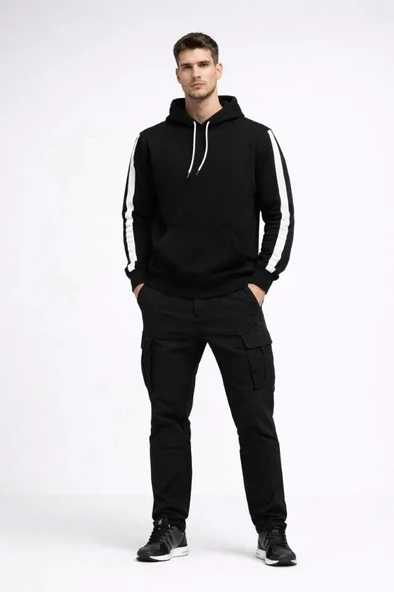 Erkek Şeritli Kapüşonlu Sweatshirt Oversize 3 Iplik Pamuklu - Siyah ürün görseli 1