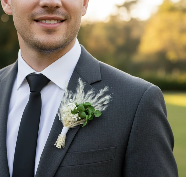Renkli Ortanca ve Pampas Kuru Çiçekli Damat Yaka Çiçeği, Yaka İğneli Düğün & Nikah Aksesuarı ürün görseli 1