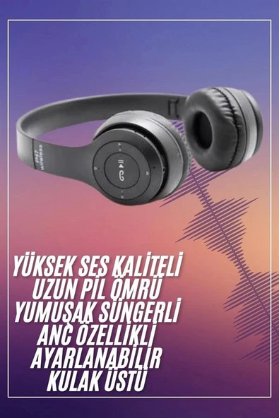 Bluetooth Kablosuz Kulaklık Siyah Wireless 5.0 Kulak Üstü Uzun Pil Ömrü ürün görseli 1