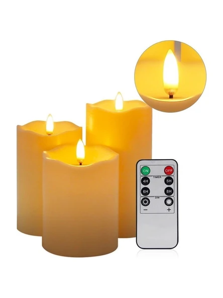 Alevsiz Titreyen LED Mum Büyük Boy 3’lü Set Kumandalı, Gerçekçi Işık Efektli, Güvenli Dekoratif Mum ürün görseli 1