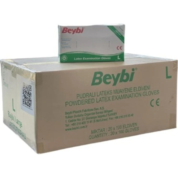 Beybi 1 Koli (20 Paket) L (Large) Beden Pudralı Lateks Beyaz Muayene Eldiveni ürün görseli 1