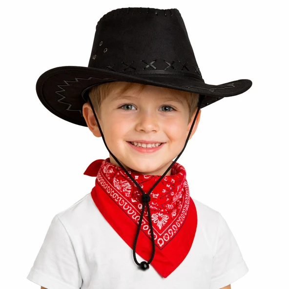 Çocuk Kovboy Şapka Siyah ve Kırmızı Bandana Seti ürün görseli 1