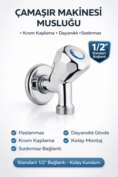 DESIPHON  Çamaşır Makinesi Musluğu 1/2'' Krom Pirinç Dayanıklı Sızdırmaz Bulaşık Makinesi Uyumlu ürün görseli 1