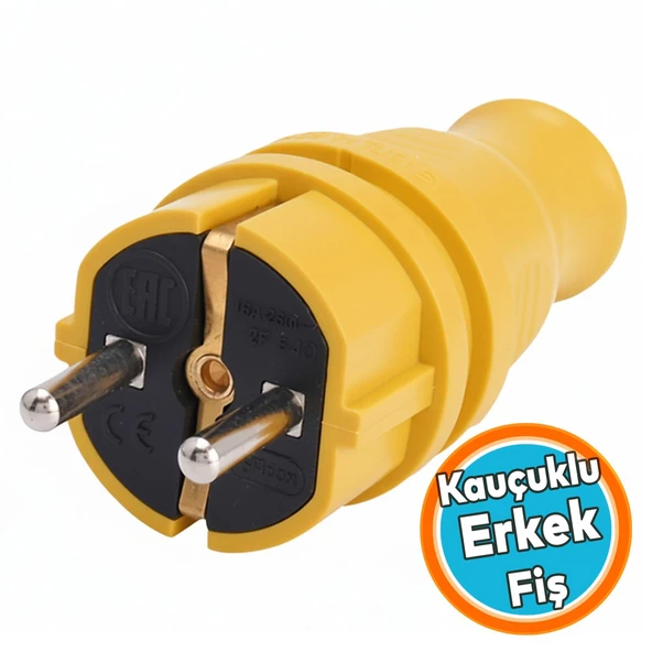 Kauçuk Erkek Düz Fiş Sarı Renk Darbeye Dayanıklı Elektrik Fişi Güvenli Bağlantı Atölye Ev Kullanımı ürün görseli 1