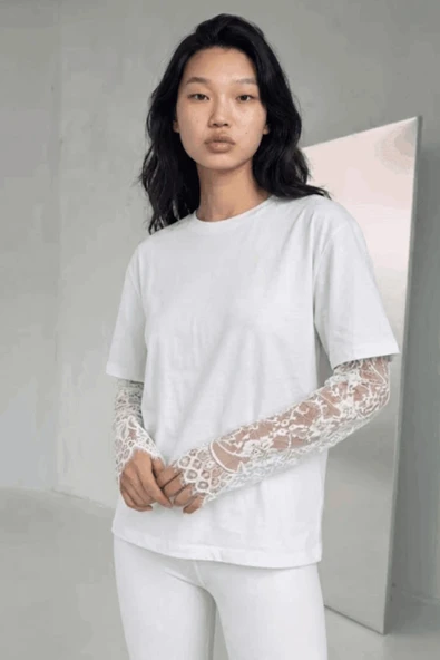 Kadın Dantel Kollu Bisiklet Yaka T-shirt ürün görseli 1